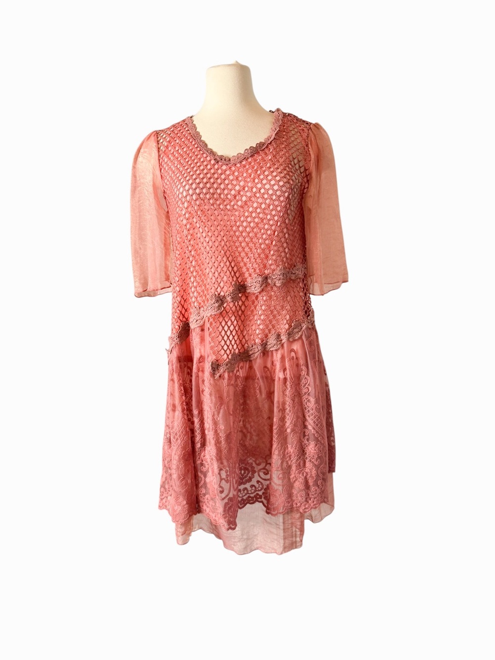 Pretty Angel Rose Coral Lace & Crochet Tiered Midi Dress